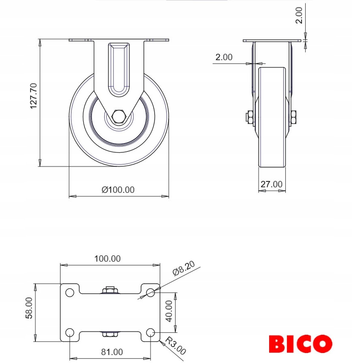 G-wiel G fi 100mm kunststof/TPR, 60kg draagvermogen