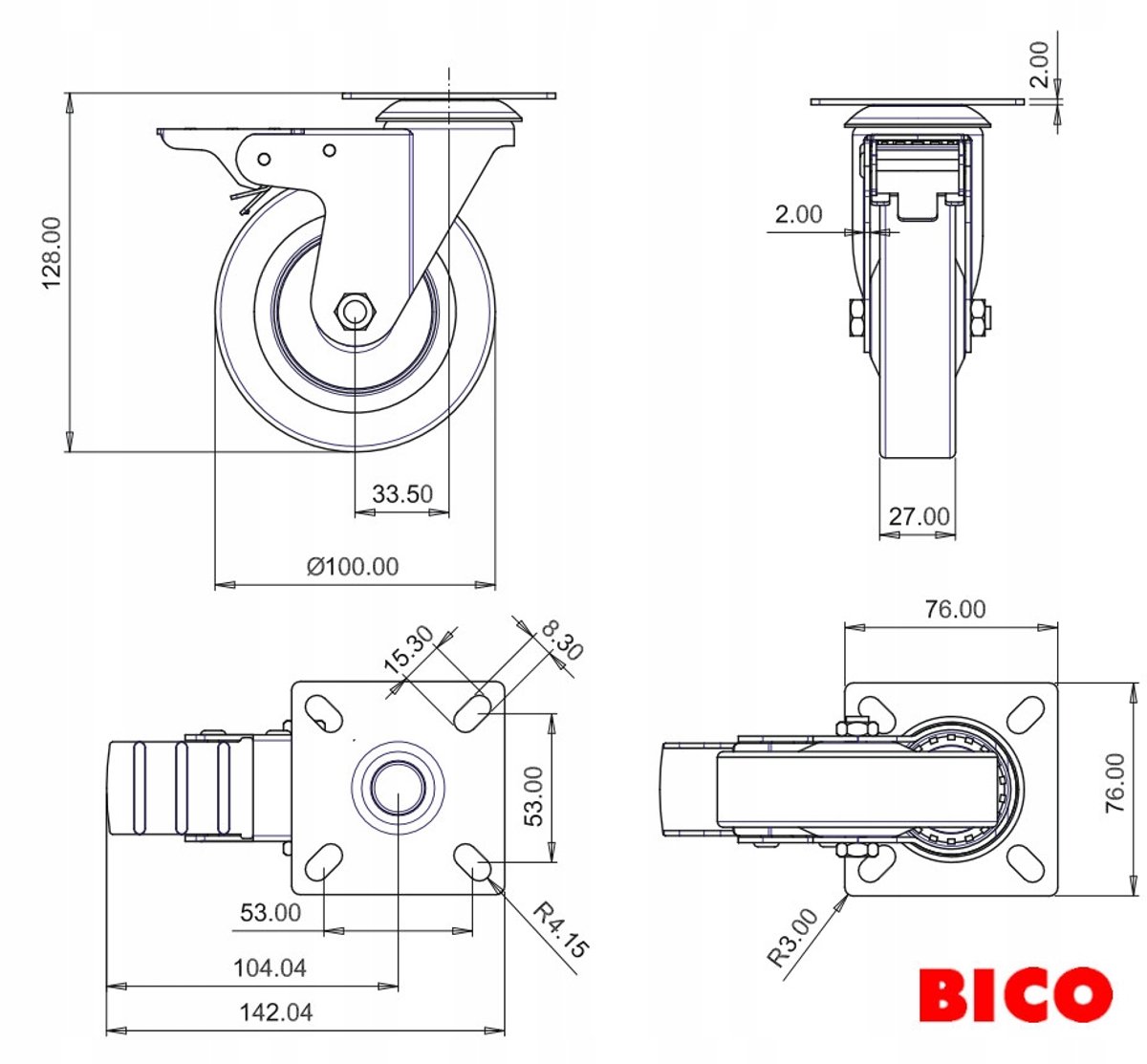 G-wiel 100mm z ham. TPR, z obrotową obudową, 60kg belastbaar