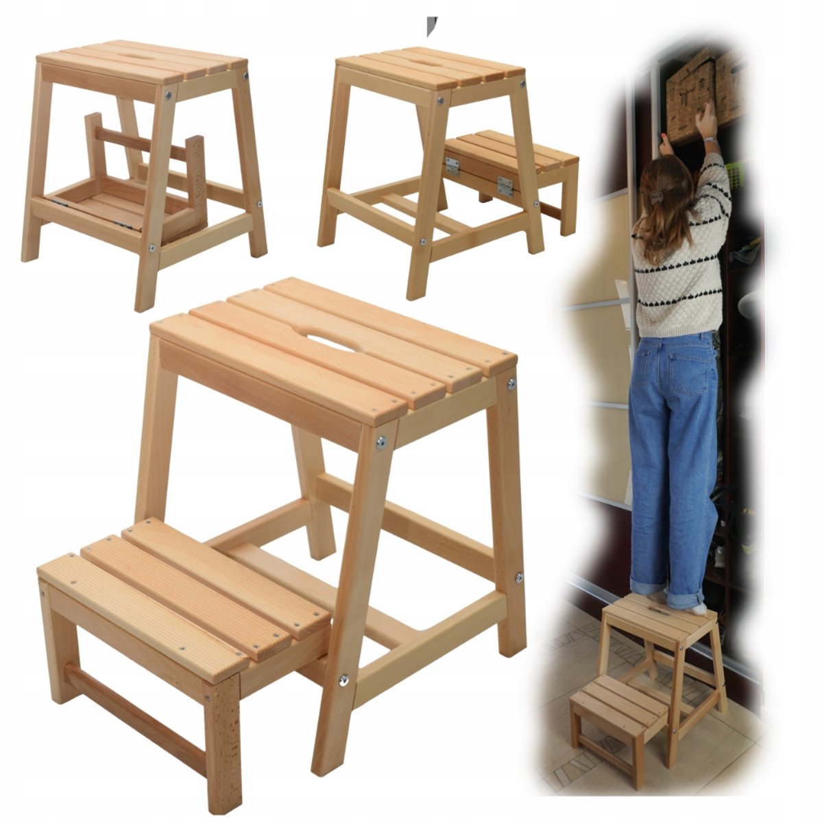 Opvouwbare Houten Kruk Multifunctioneel met Trede