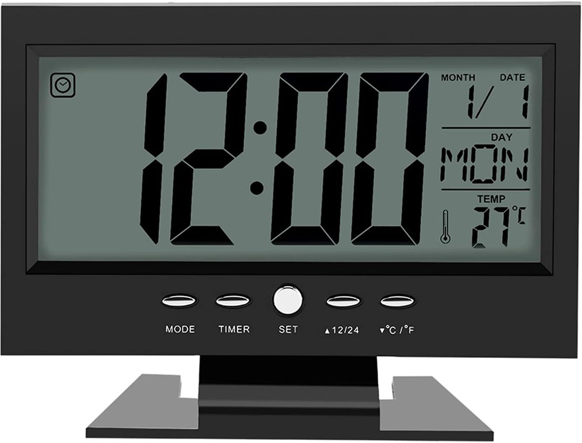 Wekker lcd-display - digitale bureauklok - geluidssensor met kalender en temperatuur - ideaal voor nachtkastje - ShopVlot