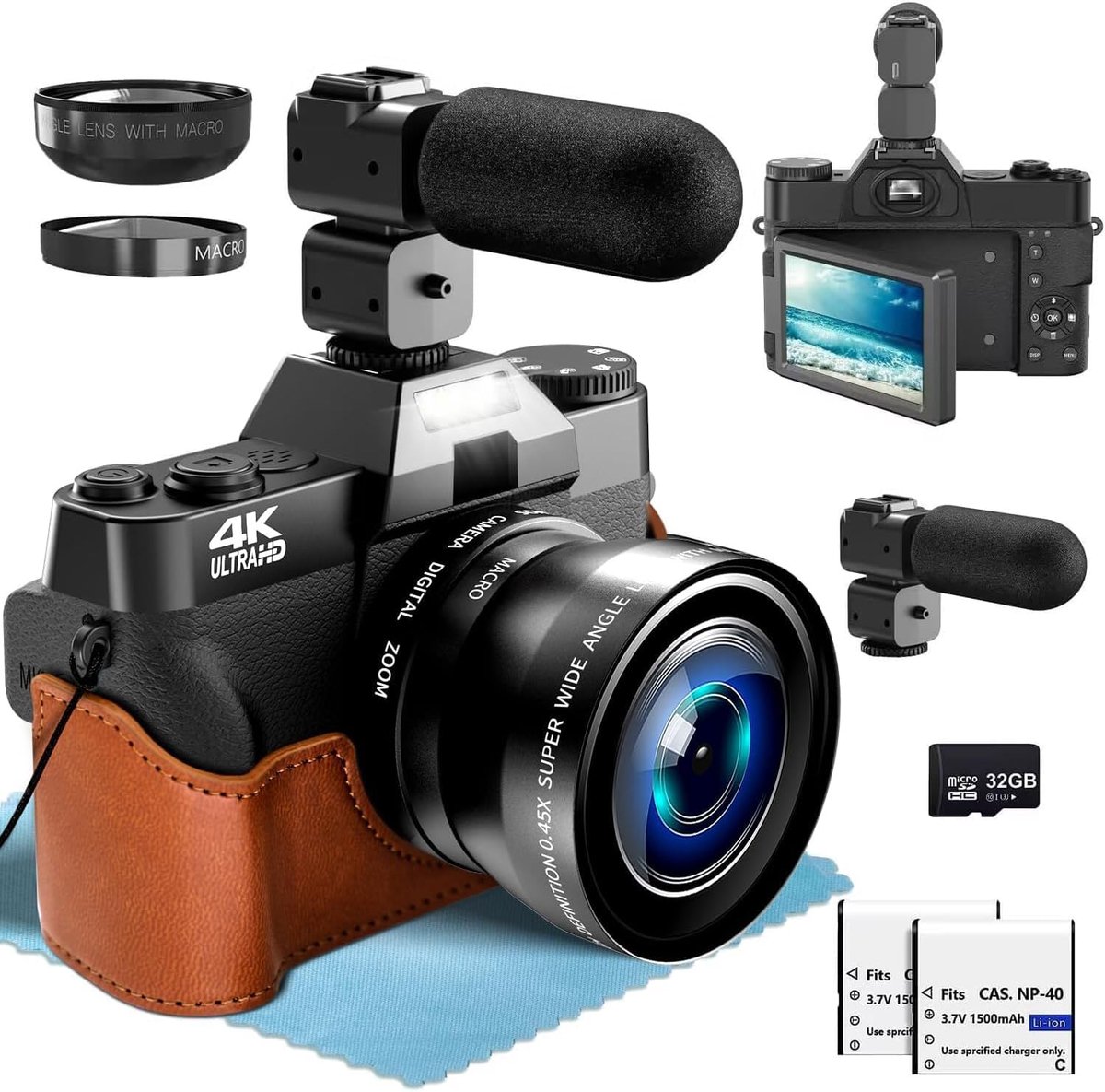 Digitale camera 4K 56MP - breedhoek- en macrolens - 3 inch LCD touchscreen - perfect voor vlogs - ShopVlot