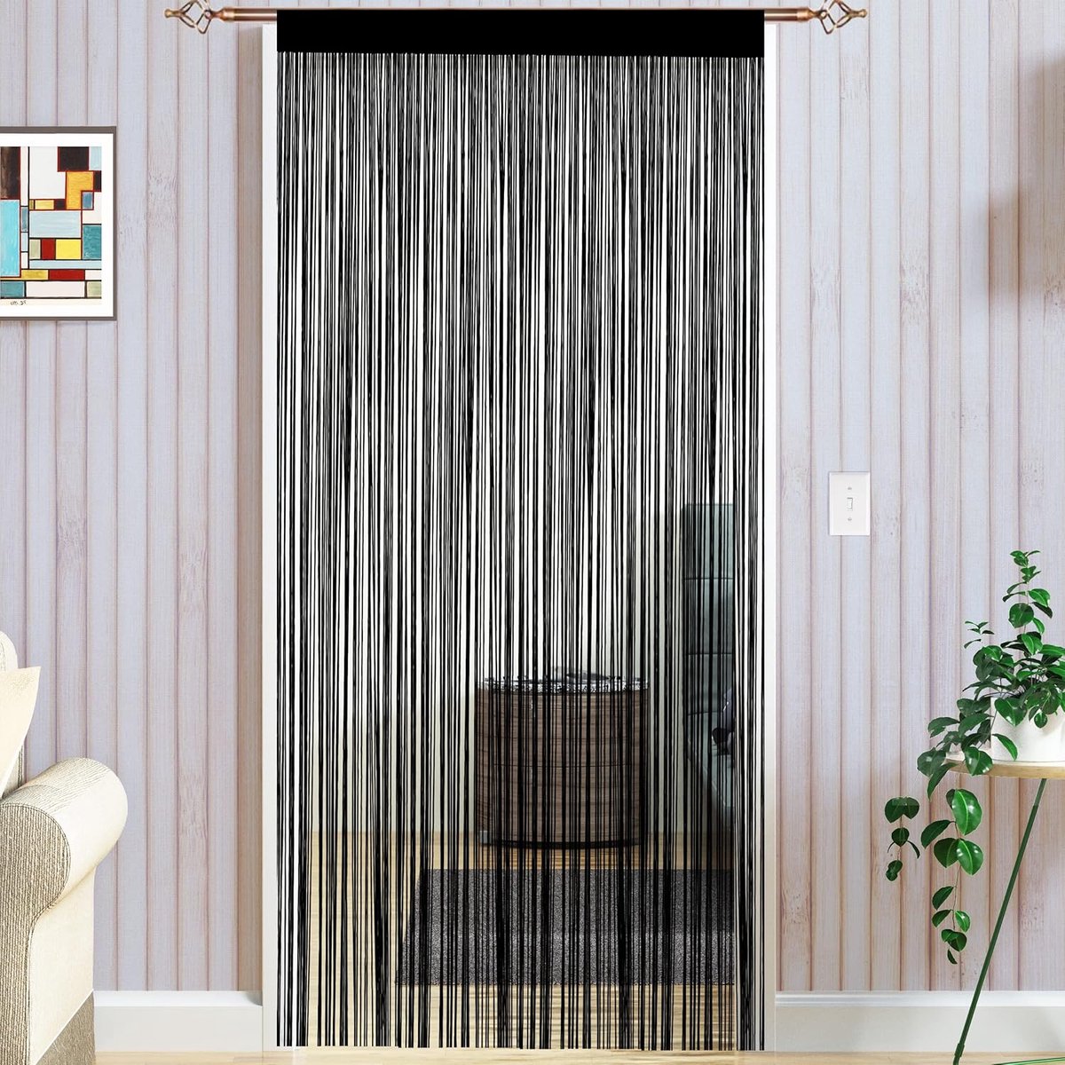 SnelShoppen - String Deurgordijnen, Vliegenhor voor Raamdecoratie, Leefruimte, Deuren, Eenvoudige Draadjes, Zwart, 90 x 200 cm, Antibacterieel, Polyes