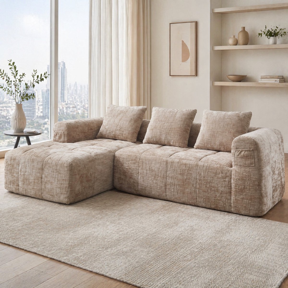 MEUNIQ L-vormige hoekbank 250 x 158 x 60 cm, chenille, chaise longue links, 3 kussens, zijvak, zonder installatie, khaki