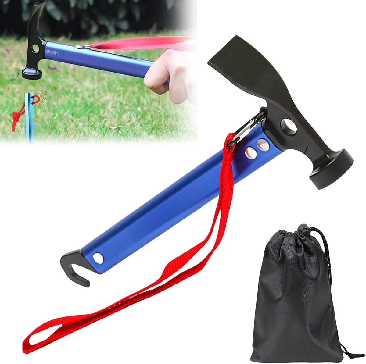 SnelShoppen - Camping Hamer 30 cm met Haak en Mini Hooivork, Aluminium Multifunctionele Hamer, Outdoor Hamer met Opbergtas, Blauw