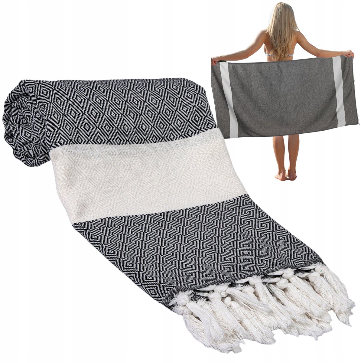 Grote katonen strandlaken 90x170 cm, zwart