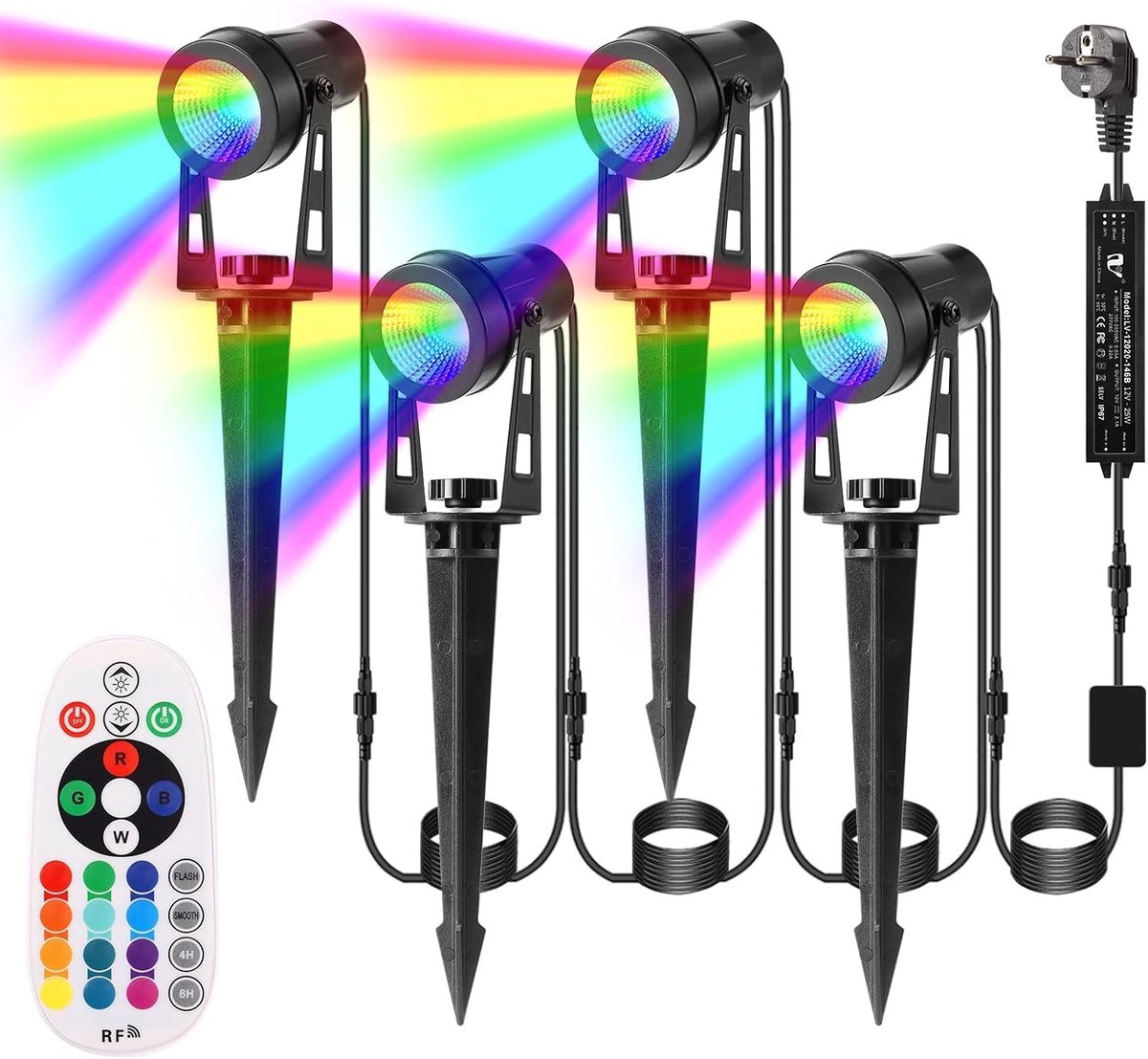 Tuverlichting RGB 4 * 3W - Waterdichte tuinlamp met grondpin - 16 kleuren en 7 helderheidsniveaus - ShopVlot