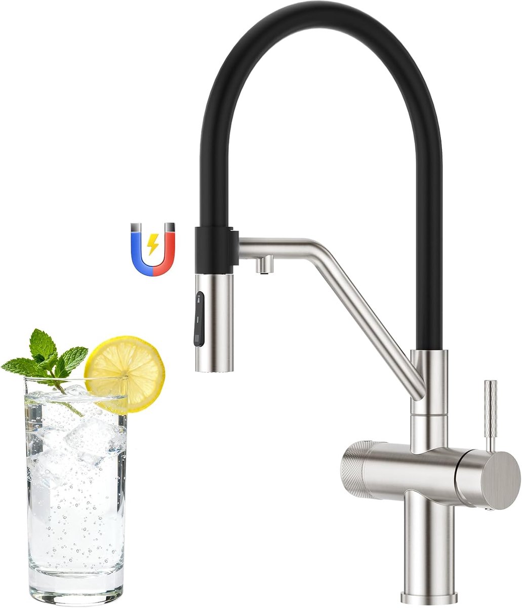 Keukenmengkraan 4-in-1 - Dubbele hendel - Zwart siliconen slang - Voor schoon en bruisend water - ShopVlot