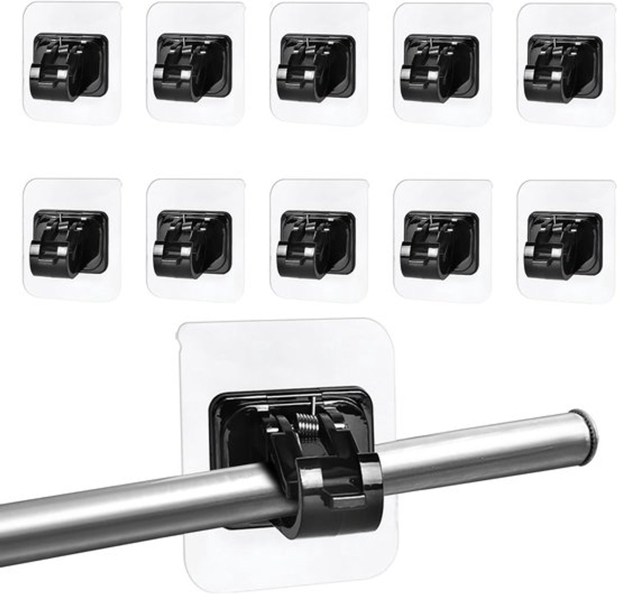 Set van 10 Zelfklevende Gordijnroedehouders - Zwarte Gordijnroedehouder - Naaldvrije Instelbare Roedehouders voor Keuken en Badkamer