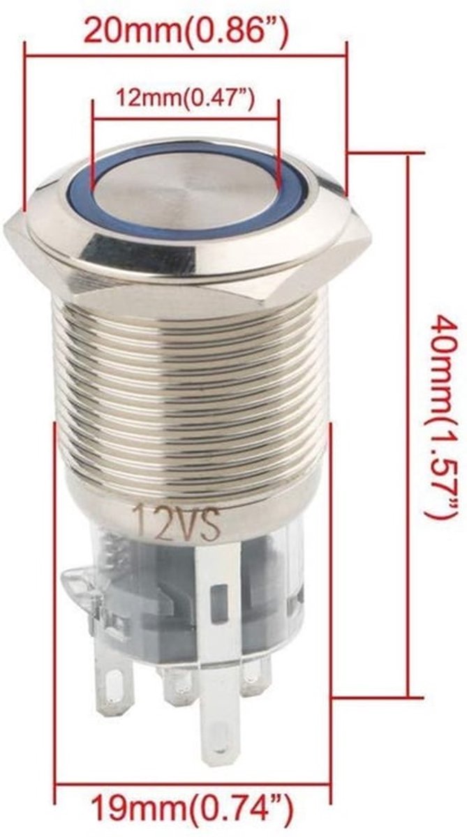 Zelfvergrendelende drukknop met LED-verlichting - IP67 - Blauw - 12V - 23 cm kabelkit - 19 mm montagegat