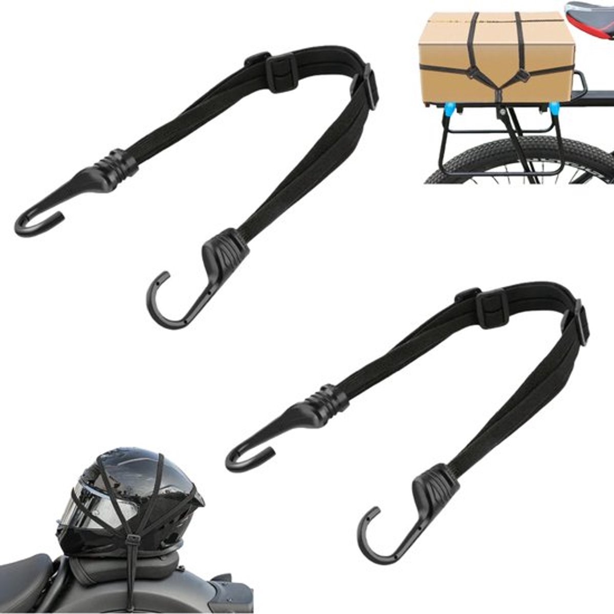 2 stuks - Motorhelmriem - Elastische mesh-koordriem - Elastisch bevestigingskoord - Bagageriem - Elastisch en uitschuifbaar - Met twee haken - Zwart - 60 cm - Geschikt voor motorfietsen en fietsen