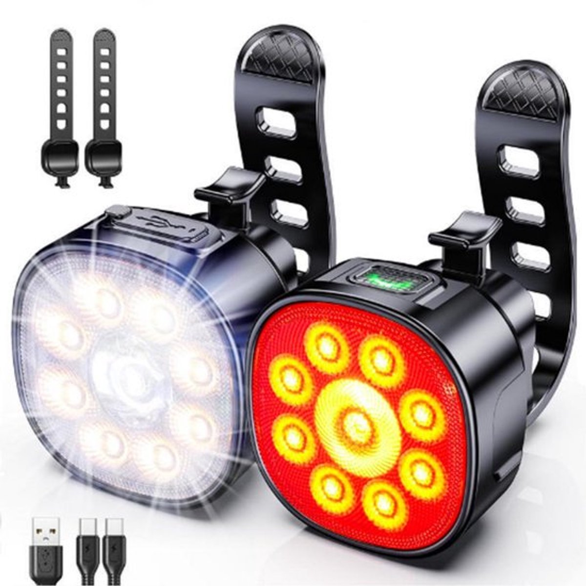 Fietslampjes - Fietsverlichting USB oplaadbaar - Voorlicht & Achterlicht - Led Fietslamp - Valbestendig - Koplamp fiets - 8+7 Lichtstanden - IP65 Waterdicht - Zwart