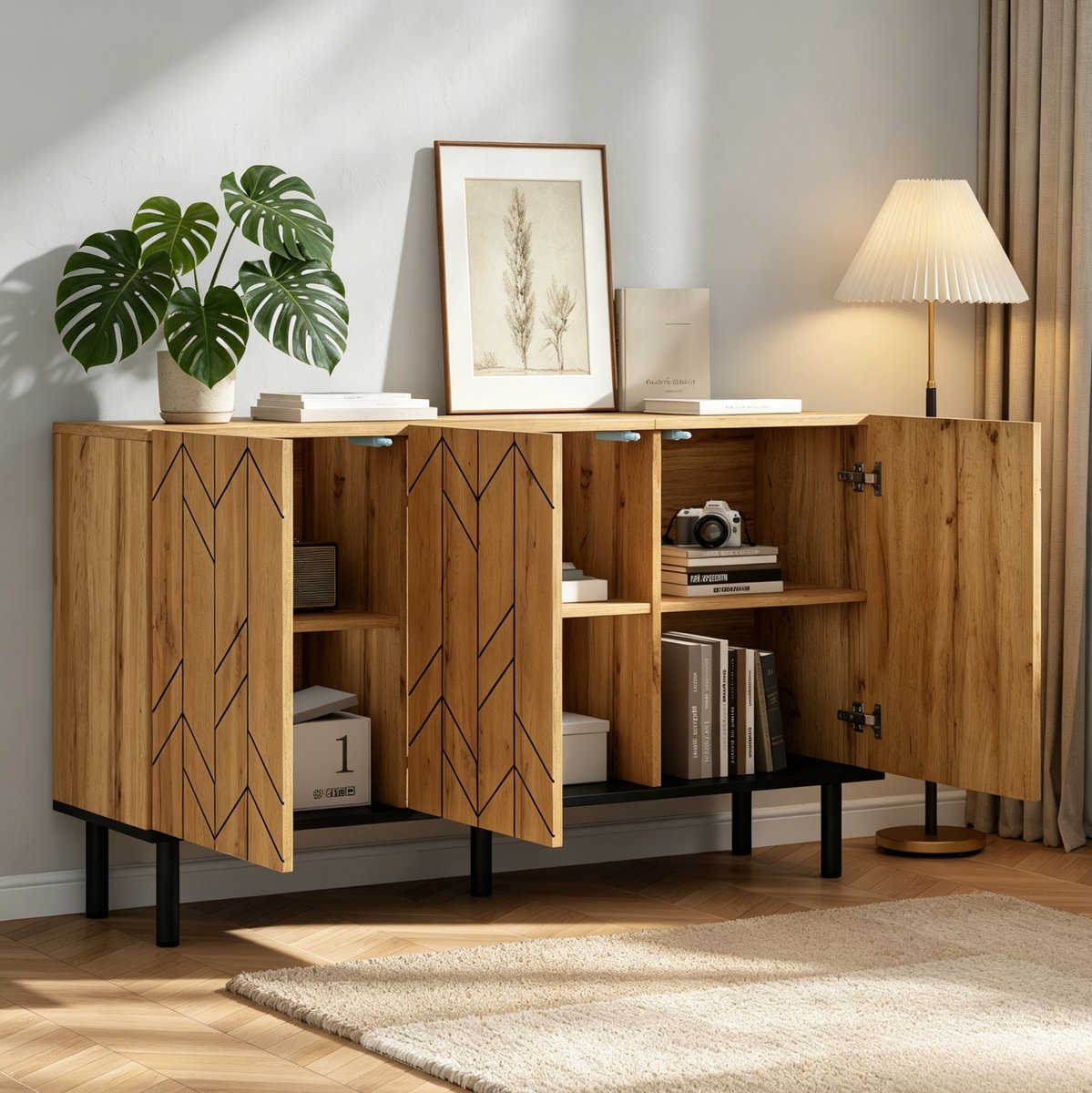 Dressoir - 3 Deuren Met Wellenpatroon - Woonkamer, Eetkamer En Hal - Spaanplaat - 120x35x70 Cm - Naturel Hout