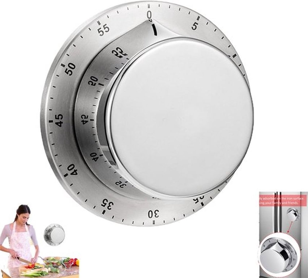 Roestvrijstalen timer - Magnetische mechanische keukentimer - Zilver - Keukentimer - Mechanische draaibare oventimer van roestvrij staal - Afteltimer van 60 minuten