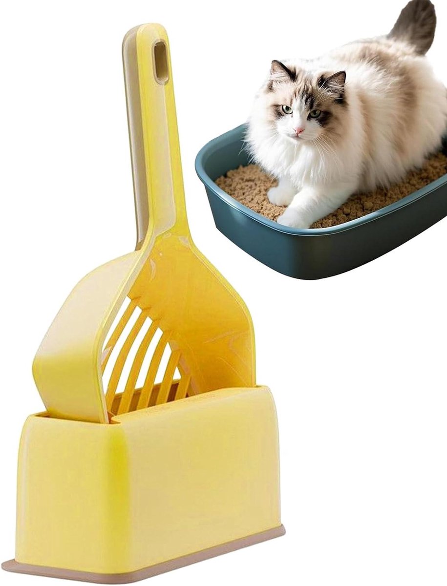 Kattenbakvulling Schep - Kattenbak Zeef - Kattenbak Reinigen - Met Opbergbasis - 19 x 28 x 15 cm - Geel