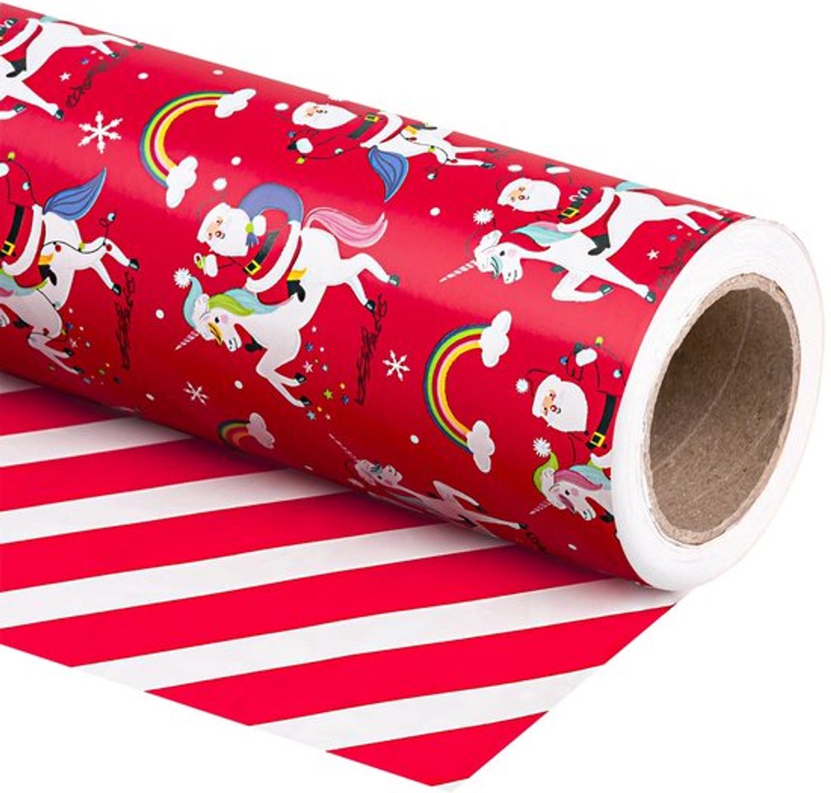 Kerst Inpakpapier, Omkeerbare Mini Rol, 43,2 cm x 10 m, Rode Kerstman en Eenhoorn met Witte Strepen Patroon voor Feestdagen en Vieringen