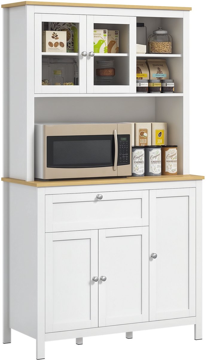 Hoge keukenkast - 40 x 100 x 180 cm - met 5 deuren met 2 glazen deuren en 1 laden - voor keuken - wit