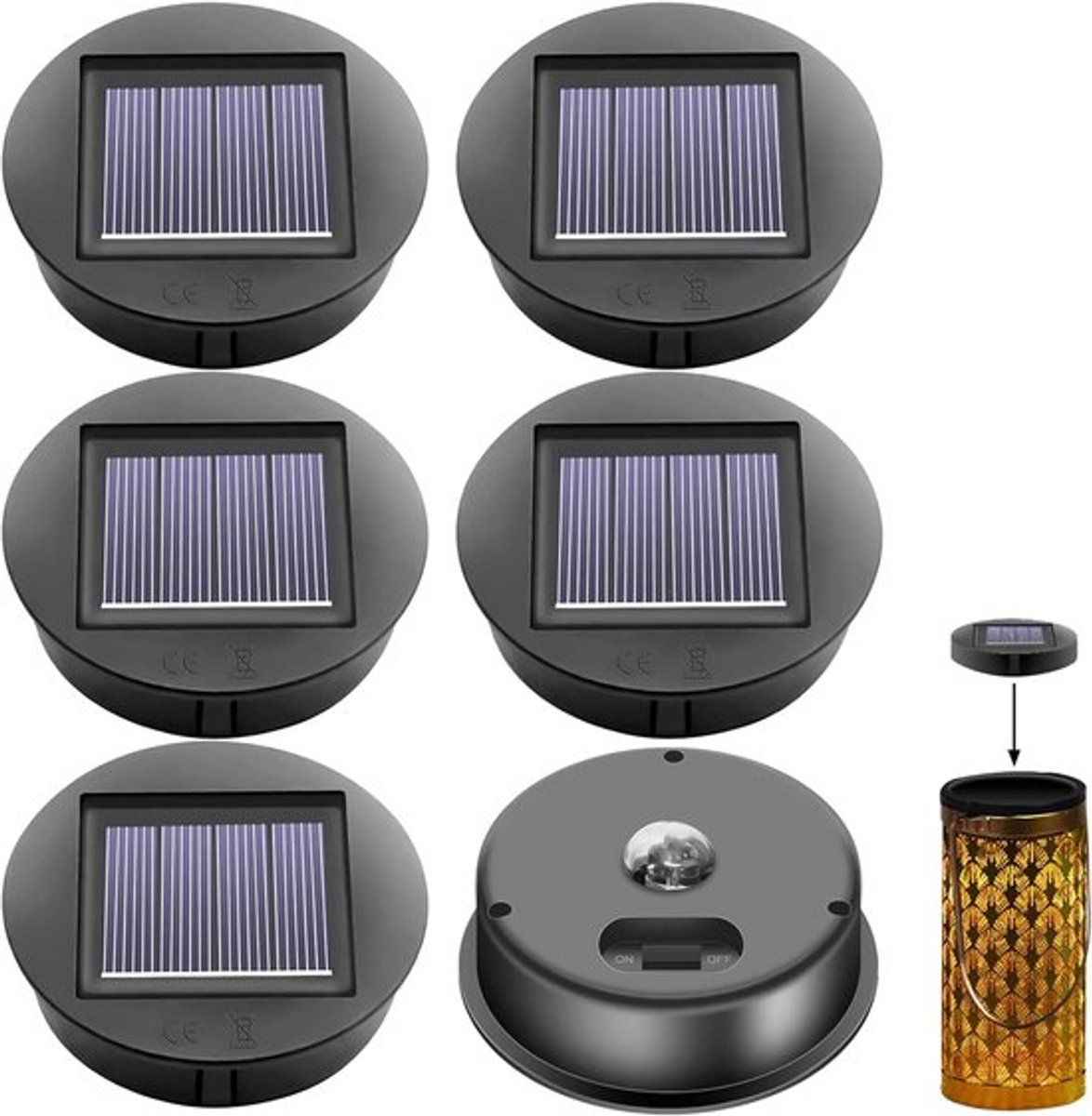 Pakket van 6 reserveonderdelen voor zonne-energie: φ8 cm vervangende zonnelampen met heldere LED, IP65 waterdicht zonnepaneel, hangende lantaarn, reserveonderdeel voor zonnelantaarntuin, buiten en