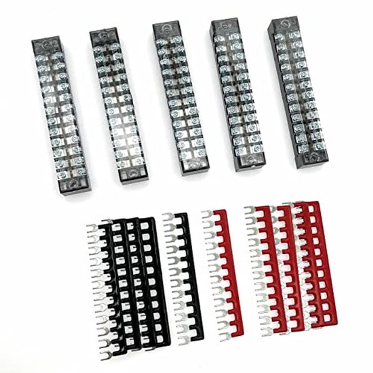 5 STUKS 600V 15A 12 posities dubbele rijen schroefbarrière klemmenblok, en 400V 15A 12 posities voorgeïsoleerde klemmenstrook rood zwart, modelspoor stroomverdeling