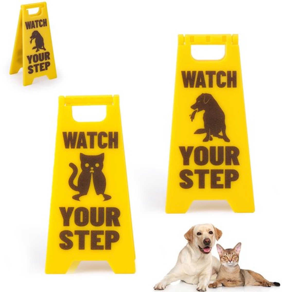 2 stuks braakbord voor hond en kat, 10 cm, klein, huisdier, let op waar je loopt, grappig waarschuwingsbord voor braaksel van huisdier, zwarte tekst met gele achtergrond als herinnering, decoratie, grap, cadeau