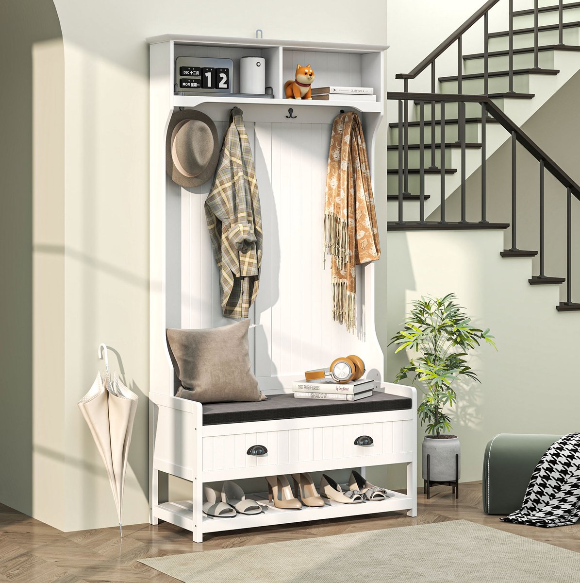 Kledingrek Met Schoenbank En Opbergvakken – 89 X 42 X 172 Cm – MDF – Wit – Hal, Gang En Slaapkamer – Met 4 Haken En Kantelbeveiliging