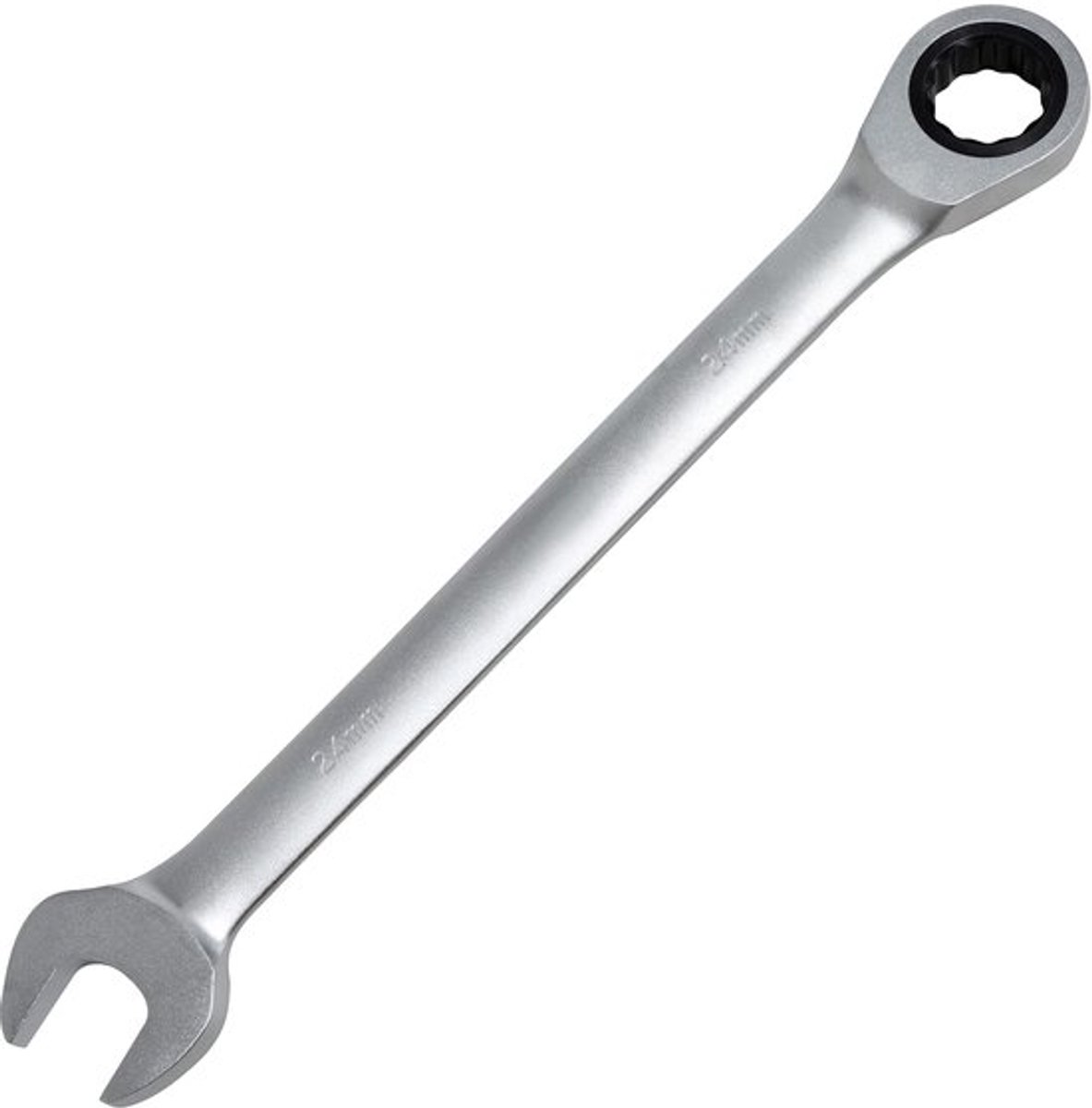 24 mm ratelsleutel met open eind van CR-V staal, 330 mm lang en voorzien van ergonomisch handvat voor comfortabel en efficiënt gebruik, zilverkleurig