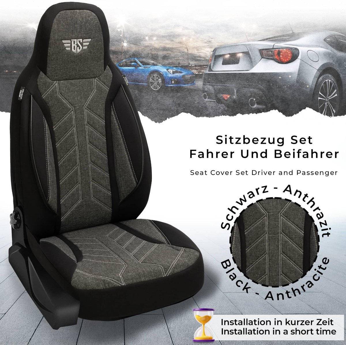 Autostoelhoezen voor Audi Q5 BJ 2017-20 – Stoelhoezen voor bestuurder en passagier in Zwart/Antraciet