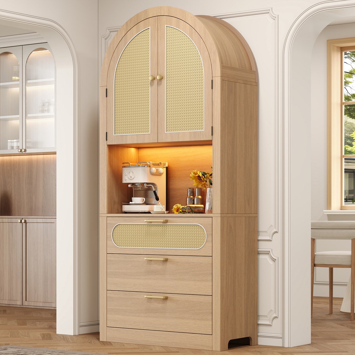 VVBV Dressoir 80x35x180 cm - App-Bediening, Opbergruimte, LED-Verlichting, 3 Lades - Wit/Naturel, Spaanplaat
