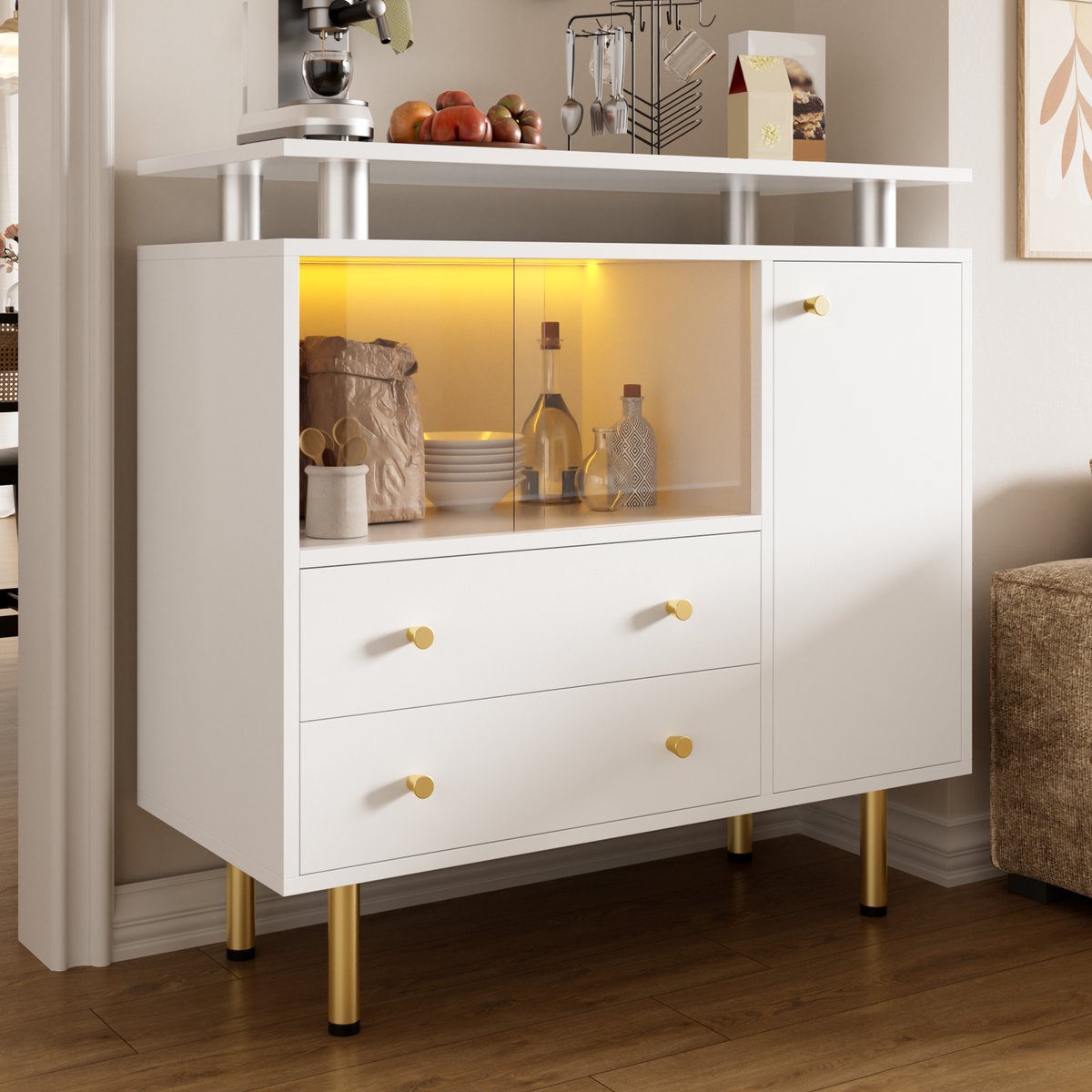 VVBV Dressoir 80x35x80 cm - Glazen Deuren, LED-Verlichting, 2 Lades - Wit, Spaanplaat