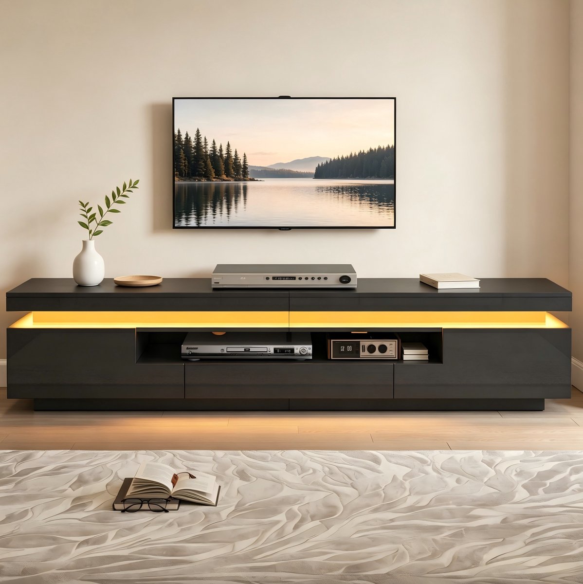 DESMIU Tv Meubel - Hoogglans Zwart Met Led En Lade - Modern Voor Woonkamer En Interieur - Spaanplaat - 175 X 38 X 45 Cm