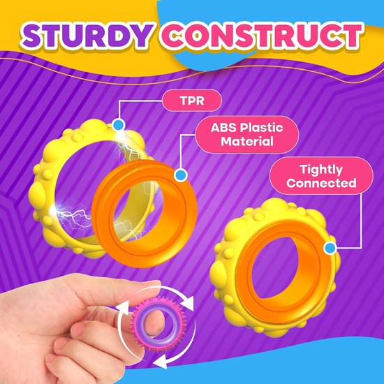 Twee gele fidget toys met oranje inzetstukken, TPR en ABS plastic materiaal.