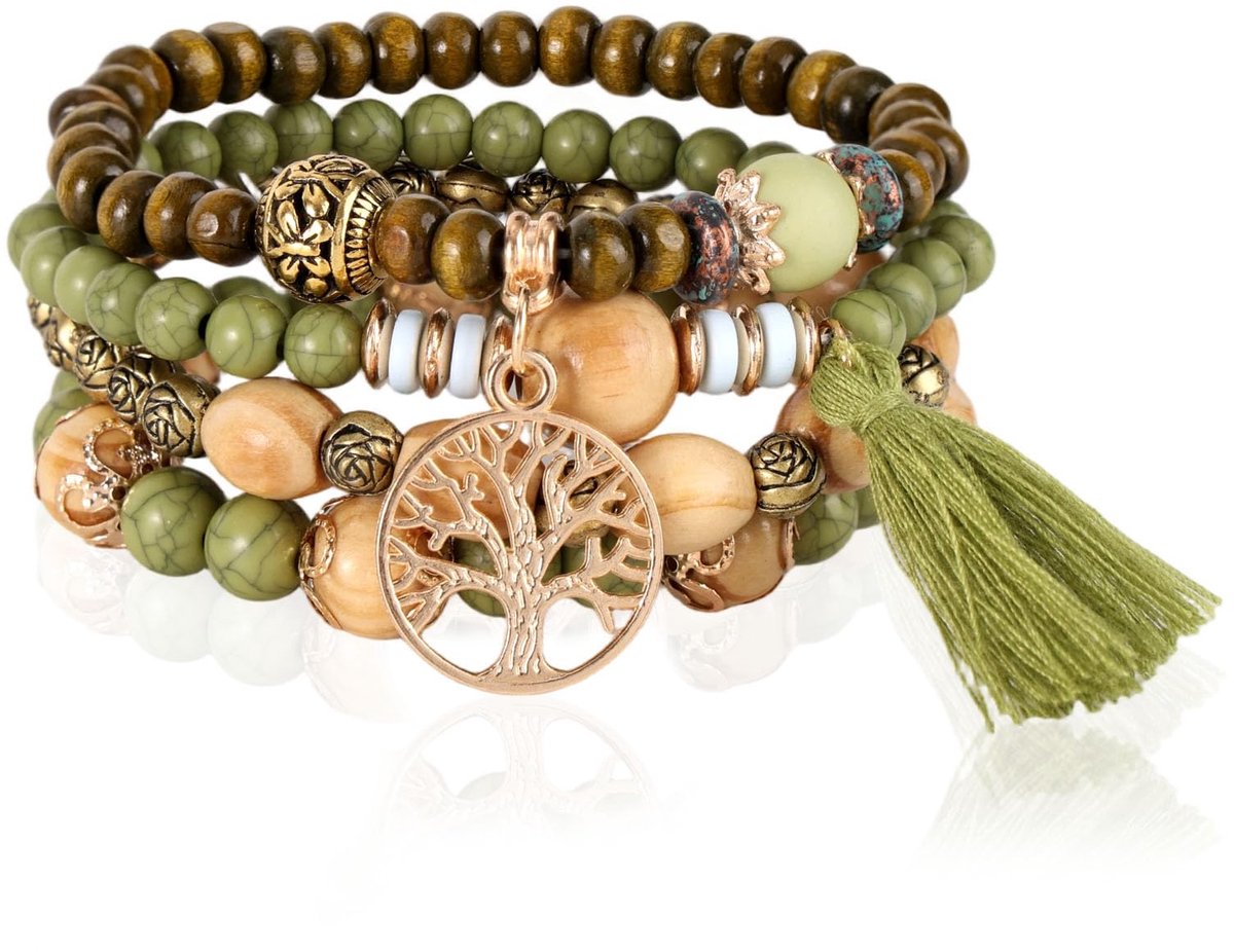 Boheemse houten kralenarmbanden 4st - stapelbaar - met kwastjes - trendy accessoire voor dames - ShopVlot