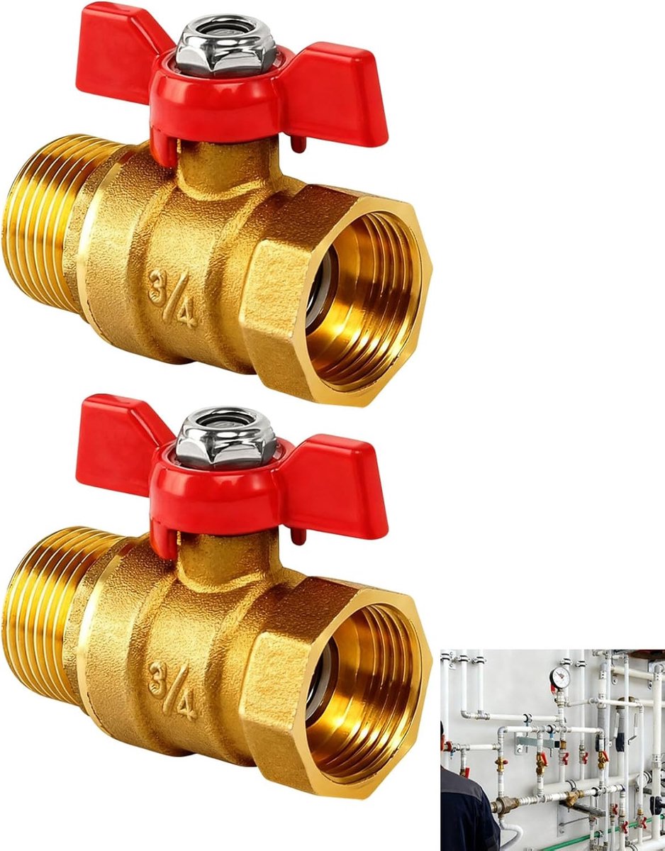 Kogelafsluiter 3/4 inch - Messing met rode vlinderhendel - Waterdichte aansluiting - Voor tuin en loodgieterij - ShopVlot