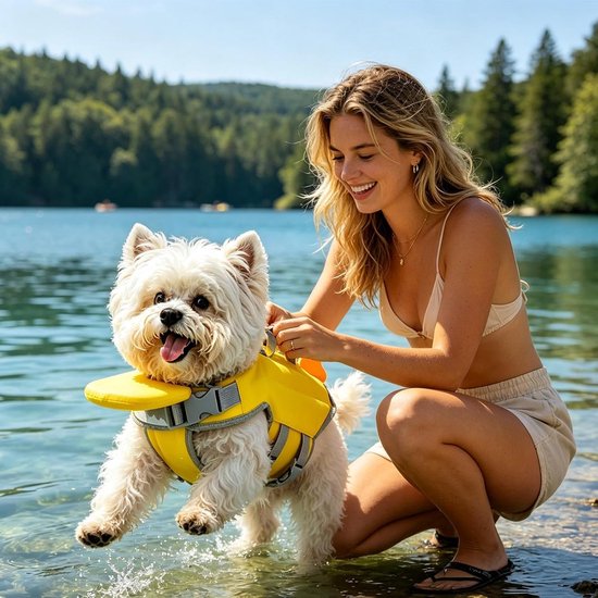 Vrolijke witte hond in geel zwemvest met oranje vin, springt in het water bij een vrouw.