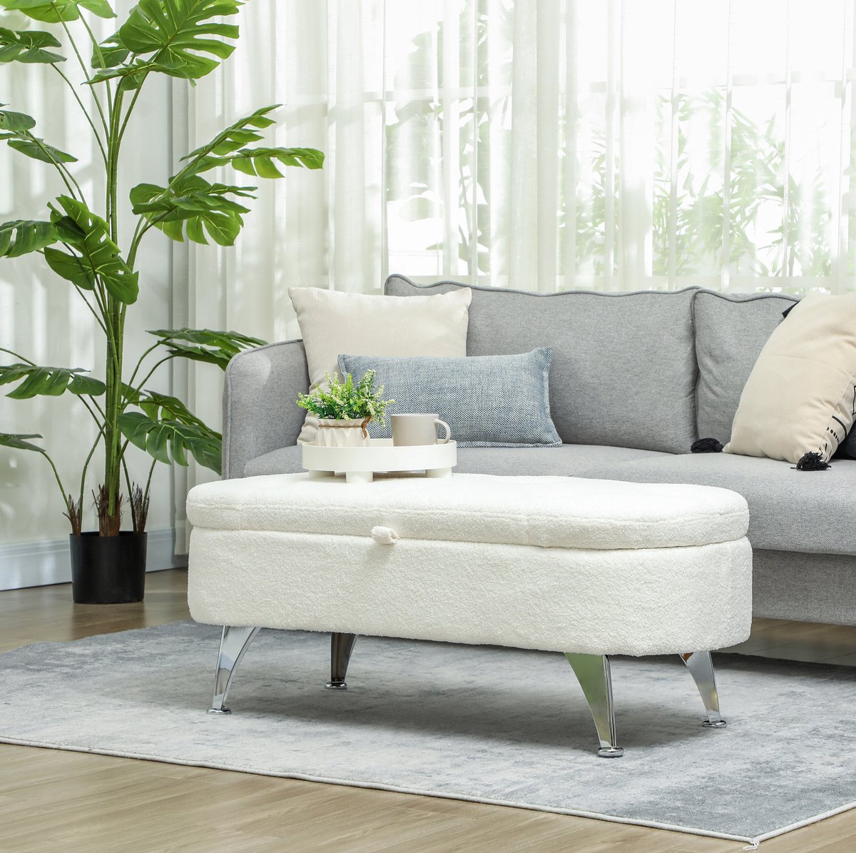 STILVORA Opbergbank 114 x 47 x 46,5 cm - Met Klapdeksel En Verborgen Opbergruimte - Voor Hal, Slaapkamer En Woonkamer - Polyester - Wit