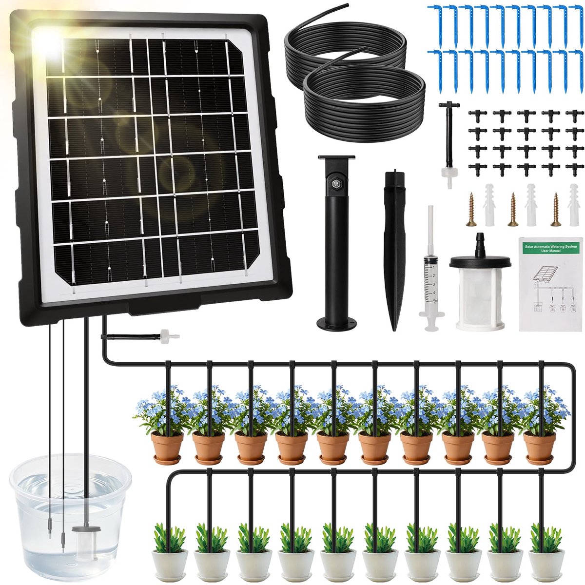 Zonne-energie druppelirrigatiesysteem 20M - automatisch watergeefsysteem - voor potplanten - ideaal voor balkon en tuin - ShopVlot