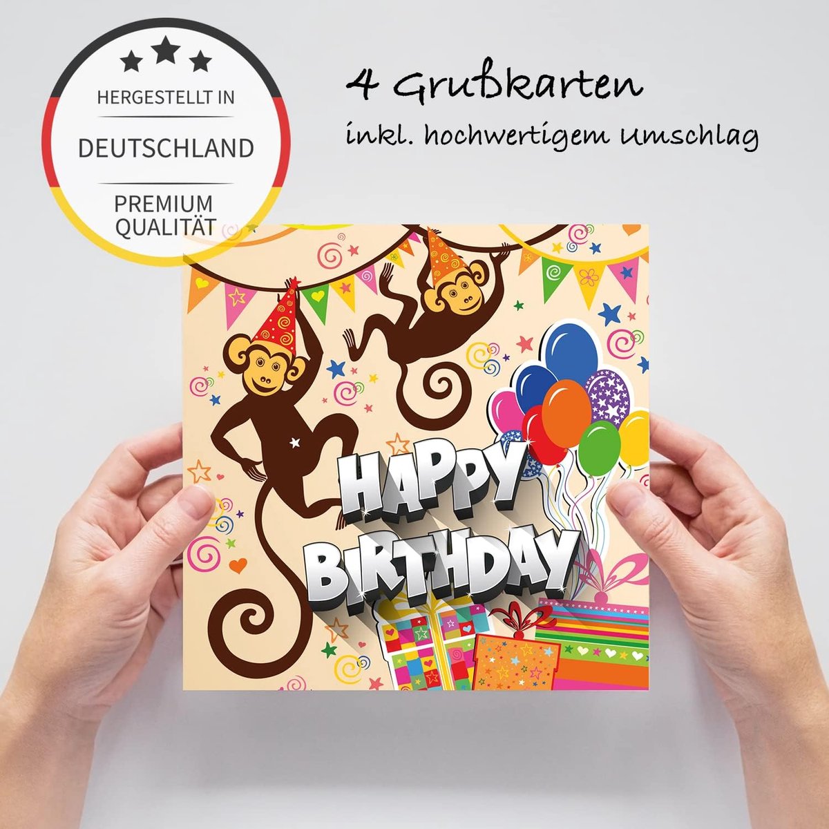 Verjaardagskaart voor kinderen 14,8 x 14,8 cm - grappige vouwkaart met envelop - unieke aap ontwerp - ShopVlot