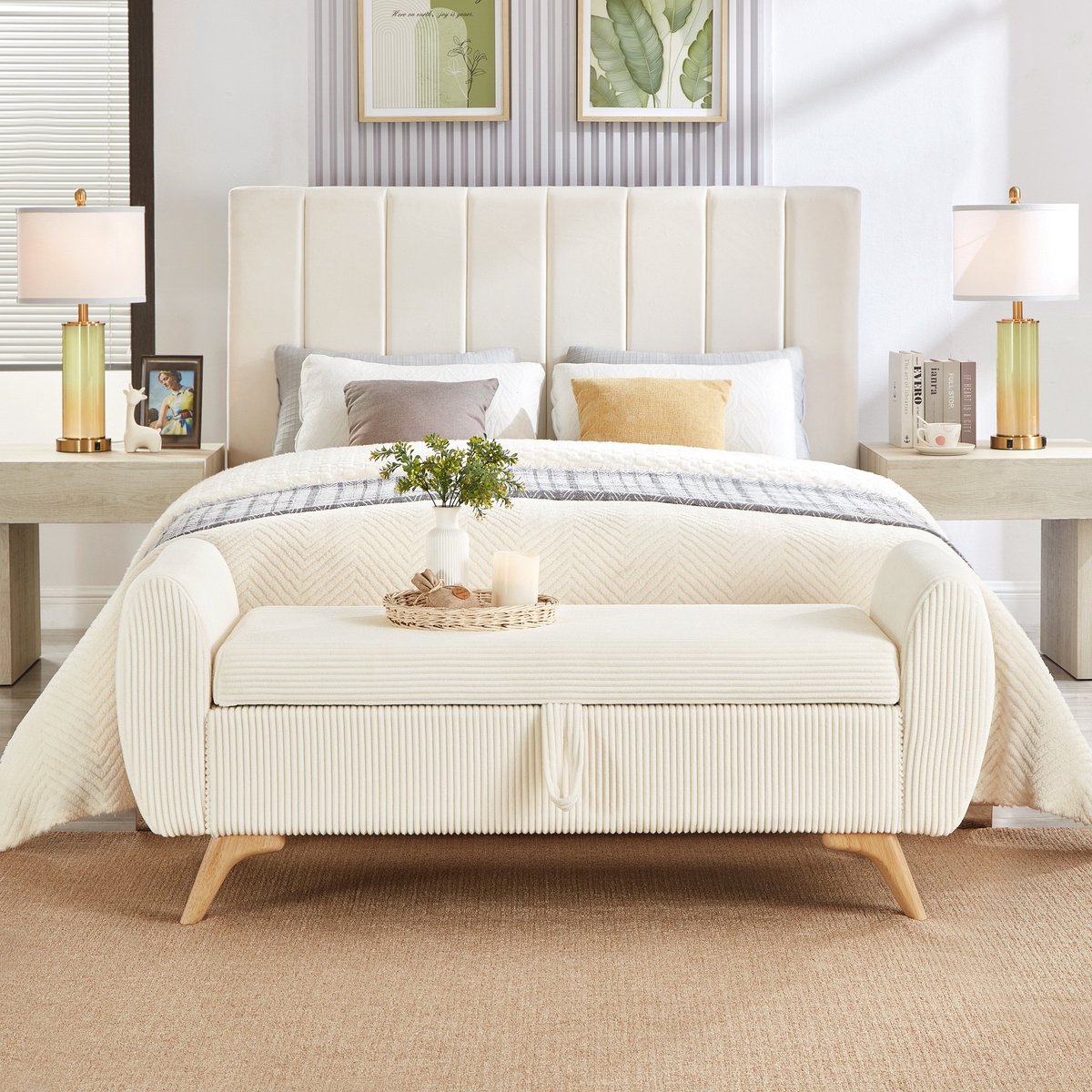 STILVORA Zitbank 145 x 51 x 57 cm - Klapbaar Met Opbergruimte - Voor Slaapkamer, Woonkamer En Hal - Cordstof Met Houten Poten - Beige