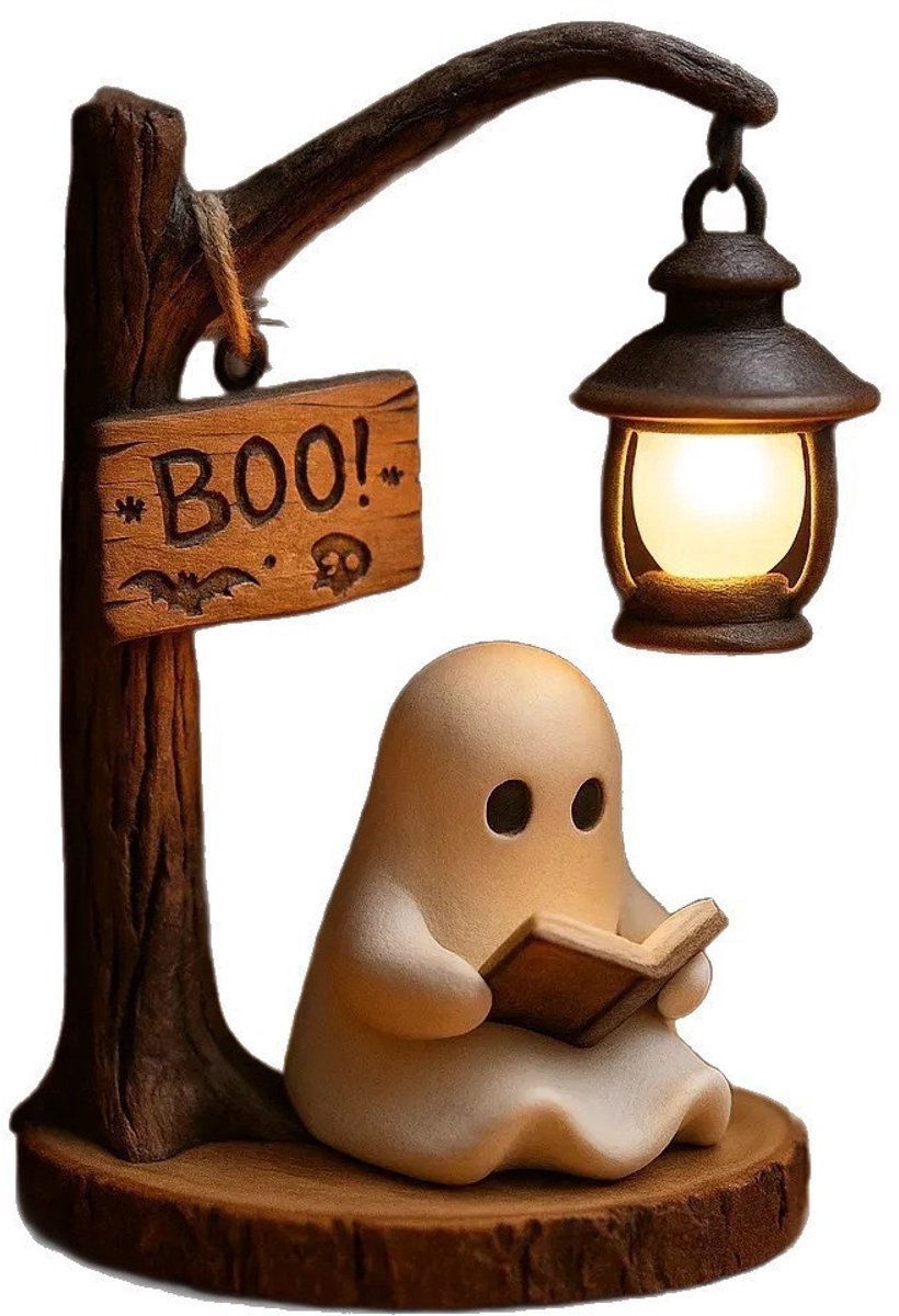 Casalora Halloween Spookbeeldje met LED Lantaarn – Lezend Spook Decoratie van Hars – Tafeldecoratie voor Halloween
