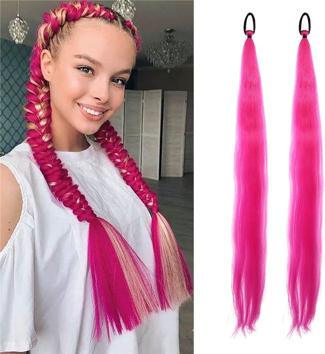 Casalora Gevlochten haar 2 stuk- Meisjes voorgerekt gevlochten haar - 65 cm - Roze Gevlochten Haarverlenging voor Kinderen - Perfect voor op Het Podium - Cosplay - Carnaval - op Feestjes en als Halloween- Anime Kostuumaccessoire