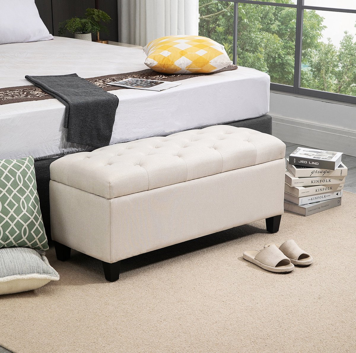 STILVORA Bankje 100 x 40 x 44 cm - Opbergbank Met Opklapbare Zitting En Knopen - Voor Hal En Woonkamer - Polyester - Cream White