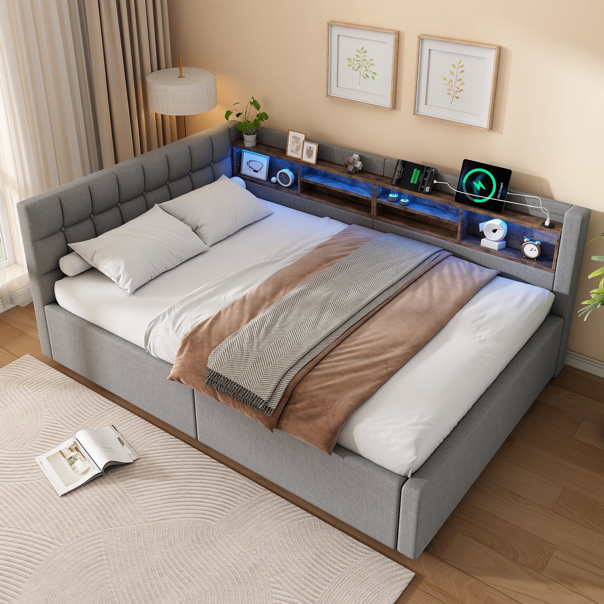 VVBV Bedbank 140x200 cm - Hydraulische Opbergruimte, USB-Aansluiting, Stopcontact, LED-Verlichting - Grijs, Linnen