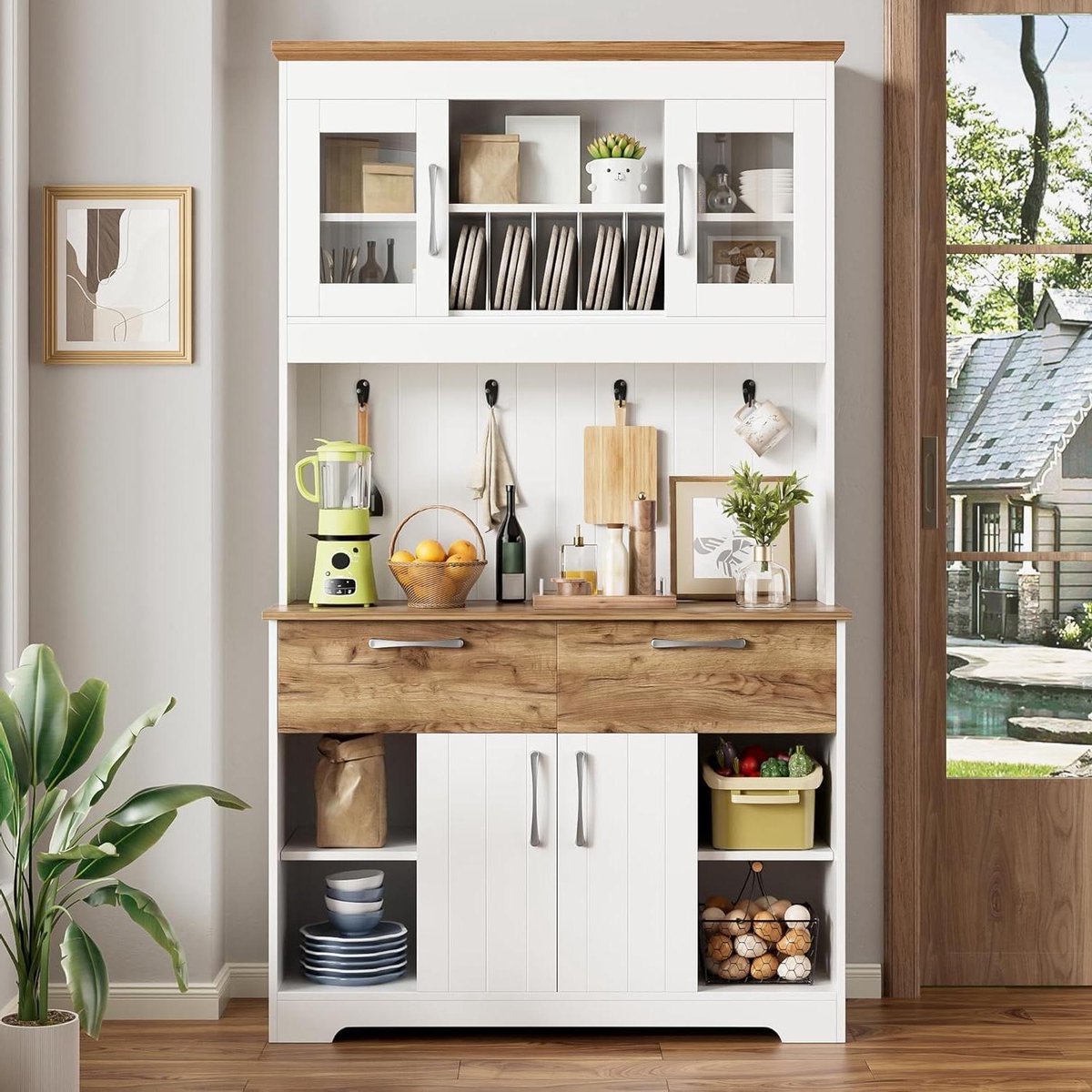 Keukenkast met Opbergruimte - Buffetkast Dressoir - Keuken Organiseren - Met Vitrinevakken en Haken - 106x39x1765 cm - Wit Houtkleur