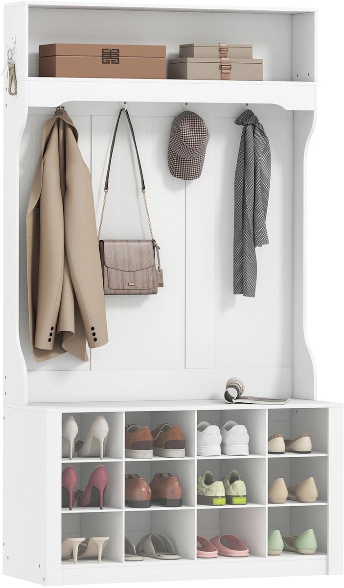 Emvae Kapstok - Halkast - Garderobekast - Schoenenkast met Haken - Hoedenplank - 12 Paar Schoenen - 100 x 35 x 172,2 cm - Wit