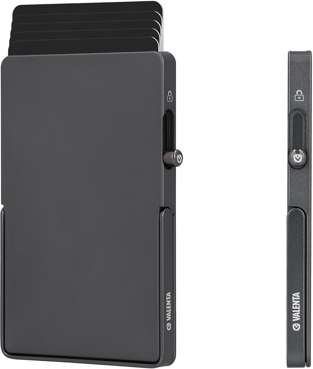 Valenta Card holder, RFID protected, aluminium housing, graphite grey, with stand function and magnet holder - ShopVlot