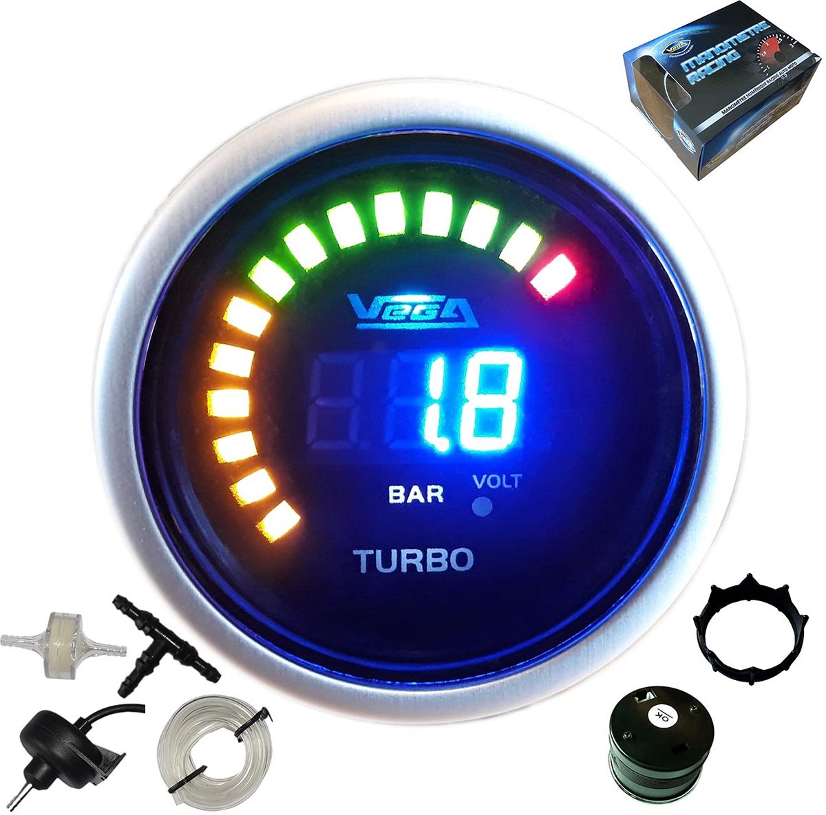 Drukmeter 1-2 bar - digitaal en LED - 52 mm - ideaal voor voertuigmonitoring - ShopVlot