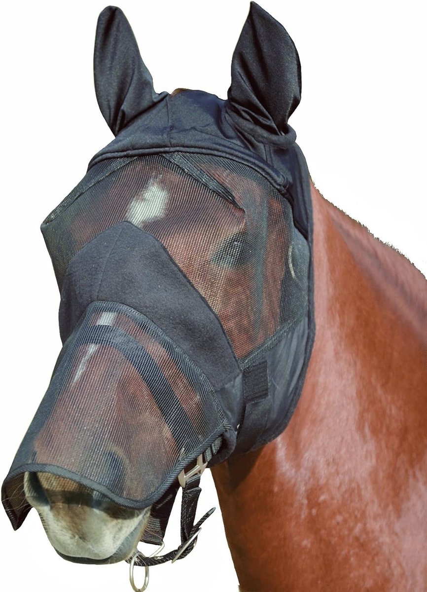 Fliegenmaske met ohren- en nasbescherming - warmblood - zwart - optimale bescherming voor je paard - ShopVlot