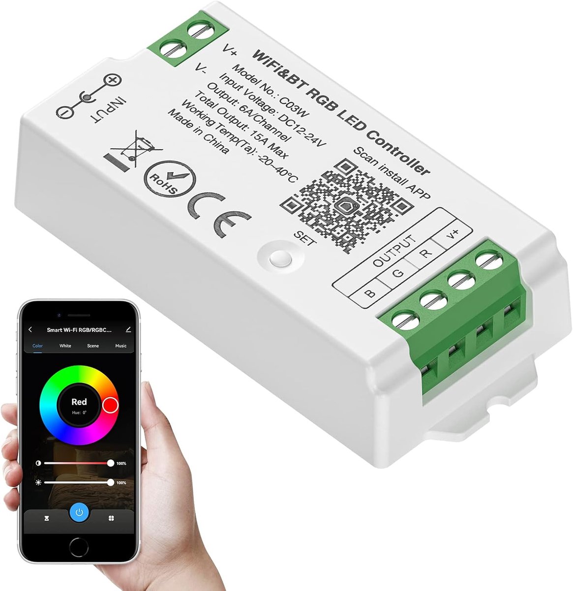 RGB LED Controller - WiFi en Bluetooth - Groepsbediening - Compatibel met Alexa en Google Home - ShopVlot