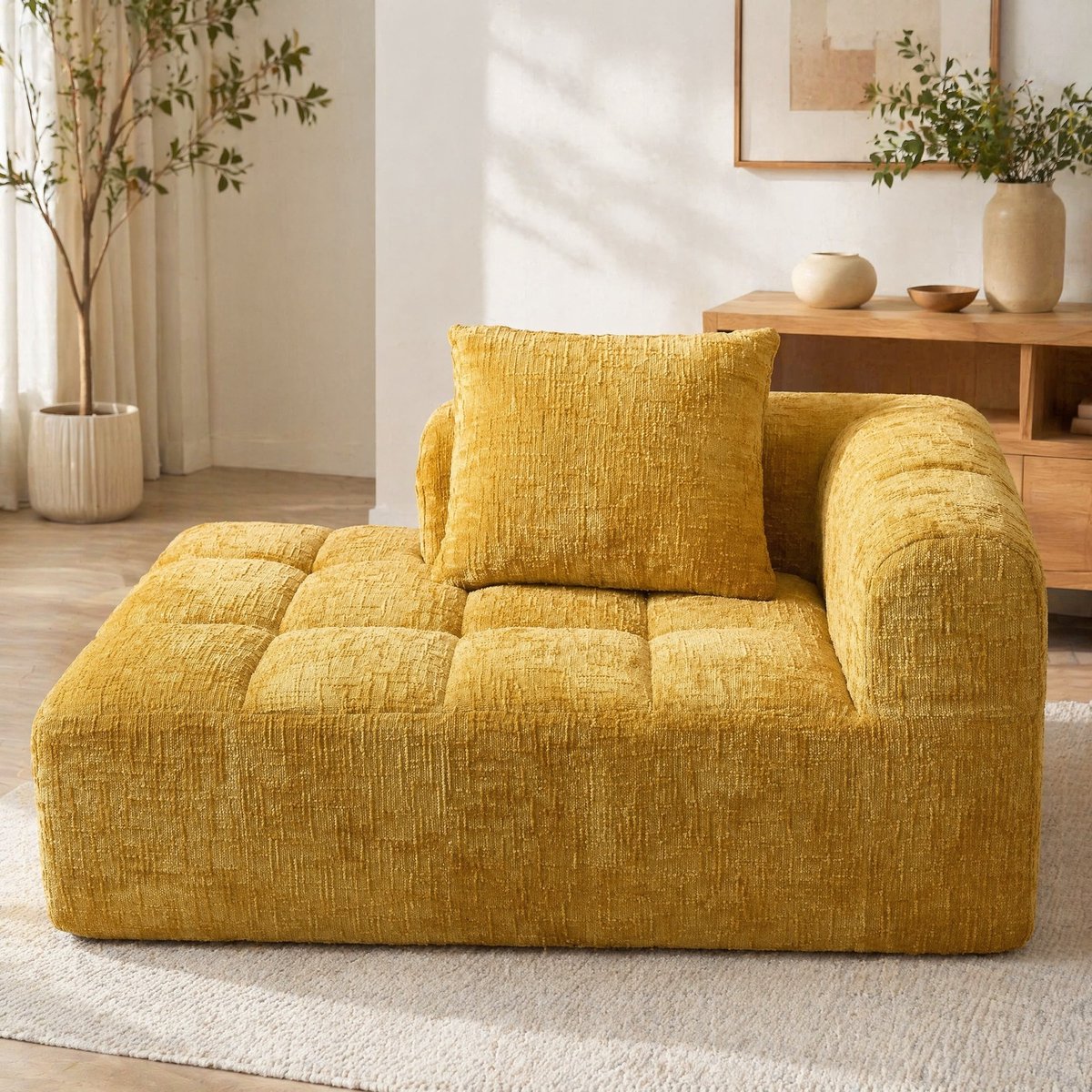 MEUNIQ Chaise longue 158 x 90 x 60 cm, zacht gestoffeerd, met kussen en zijvakken, zonder montage, voor woonkamer en slaapkamer, geel