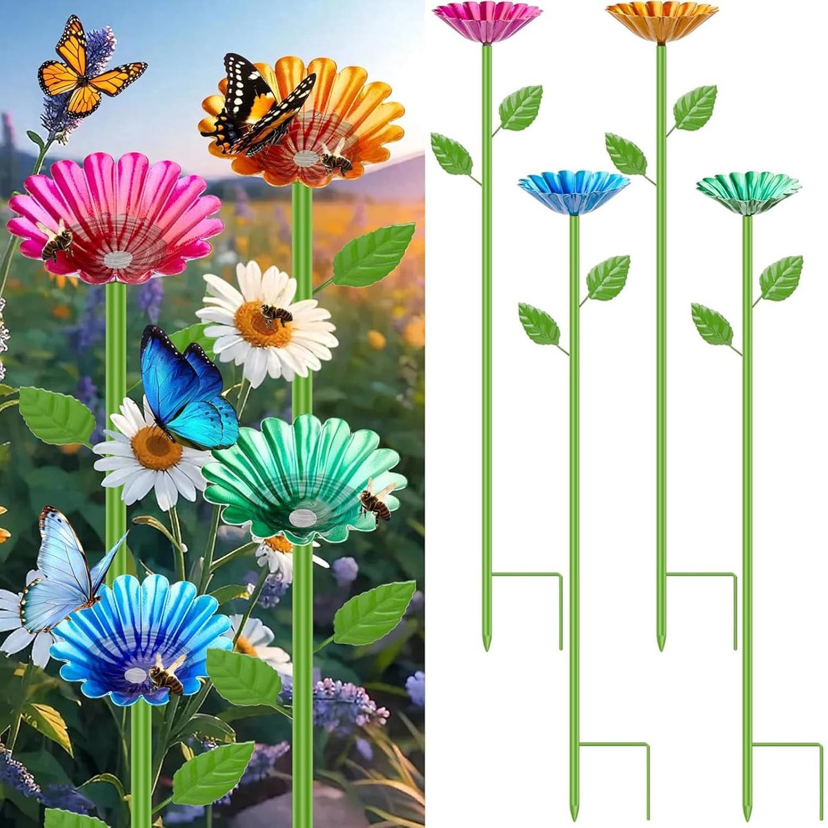Insectenbad drinkstation - kleurrijke metalen bloemen - decoratie voor tuin - trekt bijen en vlinders - ShopVlot