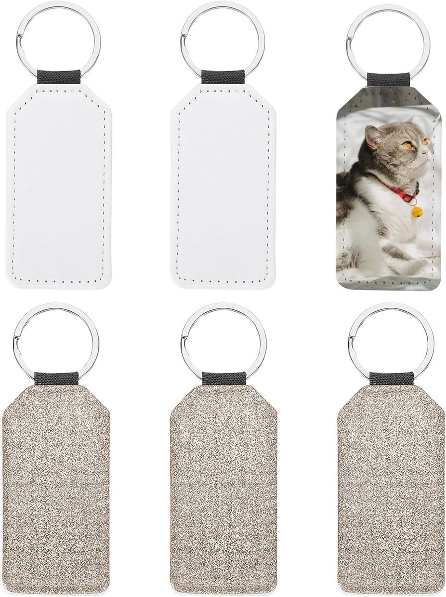 Witte sublimatiesleutelhanger, 6 stuks lege zeshoekige sleutelhangers van PU-leer voor warmteoverdracht, gouden glitter
